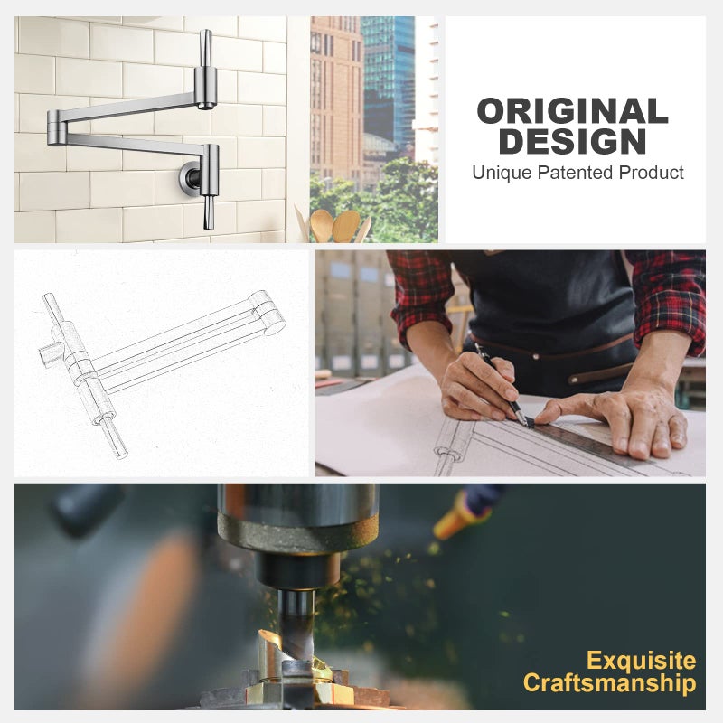 WOWOW Brushed Nickel Pot Filler Faucet - WOWOW Solid Brass Pot Filler Patent Design, Wall Mounted Kitchen Stove Faucet with Double Joint Swing Arm (Modern Style) - Image 3
